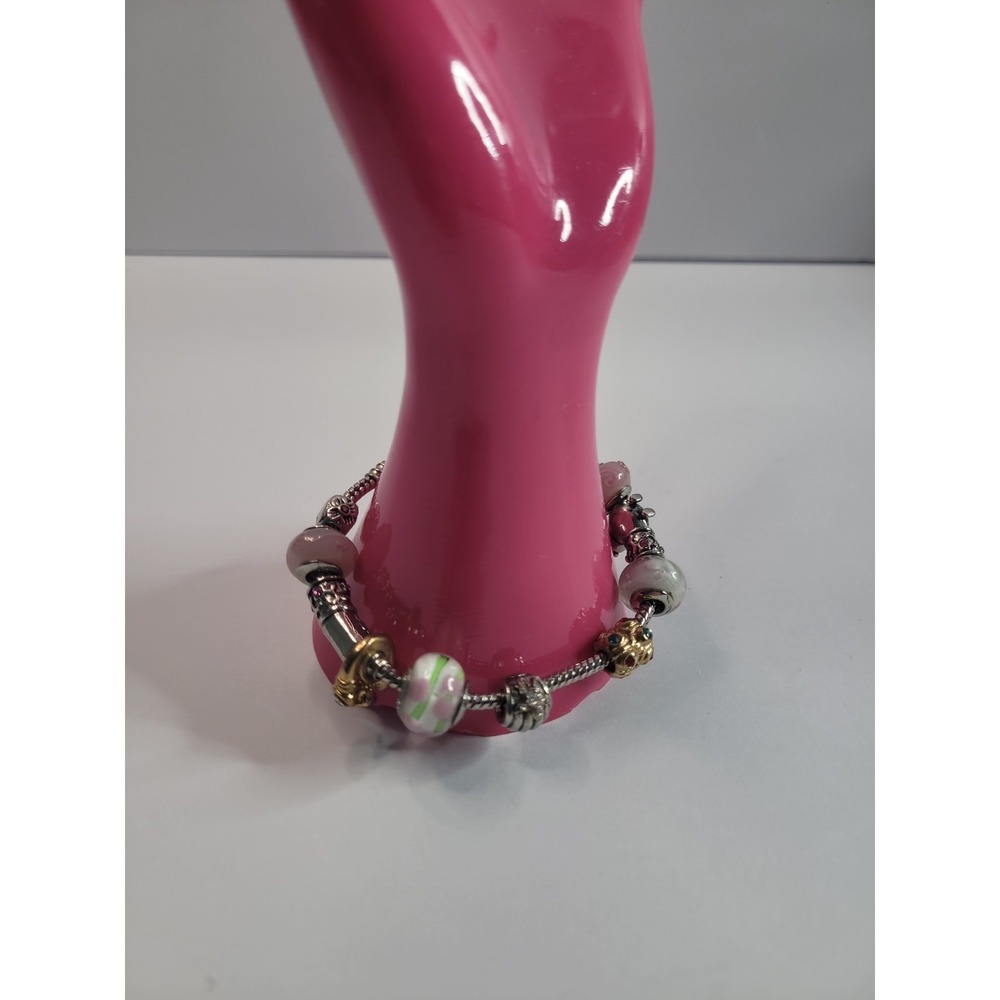 Pink White Green Glass Bead Charm Bracelet Silver Gold Tone European Style